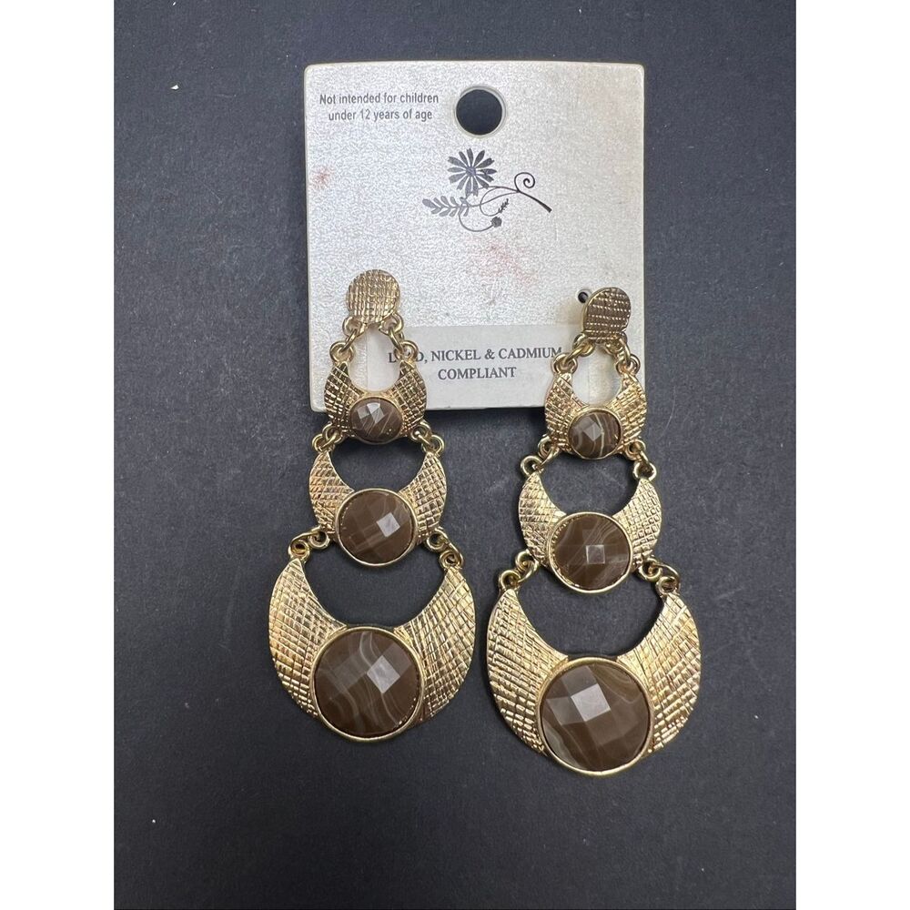 3 Tier Gold Tone Textured Metal Brown Resin Stone Crescent Moon Dangle Earrings